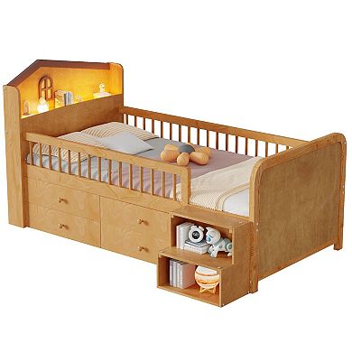 Whisen Low Loft Bed with LED Lights, House Shape Headboard & Storage Drawers, Solid Construction