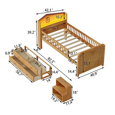 Whisen Low Loft Bed with LED Lights, House Shape Headboard & Storage Drawers, Solid Construction