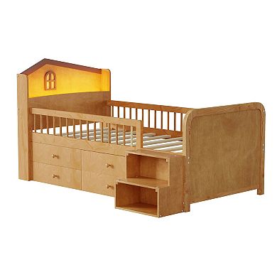 Whisen Low Loft Bed with LED Lights, House Shape Headboard & Storage Drawers, Solid Construction