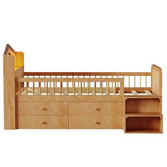Whisen Low Loft Bed with LED Lights, House Shape Headboard & Storage Drawers, Solid Construction
