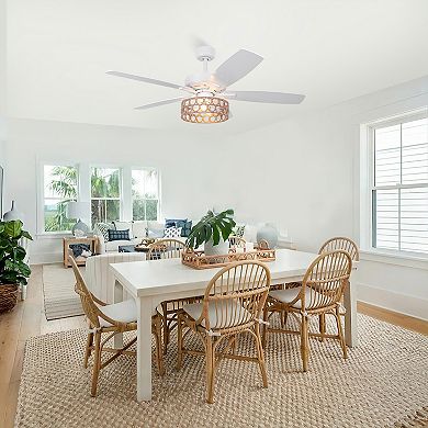 52" Bohemian White 5-Blade Natural Jute Ceiling Fan with Light Kit and Remote