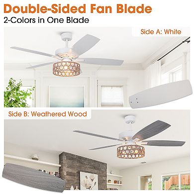 52" Bohemian White 5-Blade Natural Jute Ceiling Fan with Light Kit and Remote