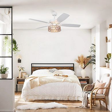 52" Bohemian White 5-Blade Natural Jute Ceiling Fan with Light Kit and Remote