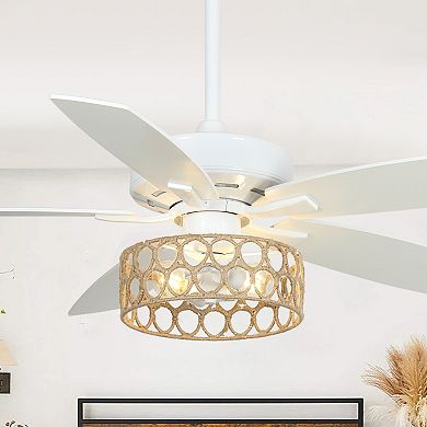 52" Bohemian White 5-Blade Natural Jute Ceiling Fan with Light Kit and Remote