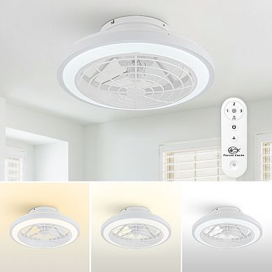 20" Modern White Dimmable Enclosed Caged Ceiling Fan with Light and Remote