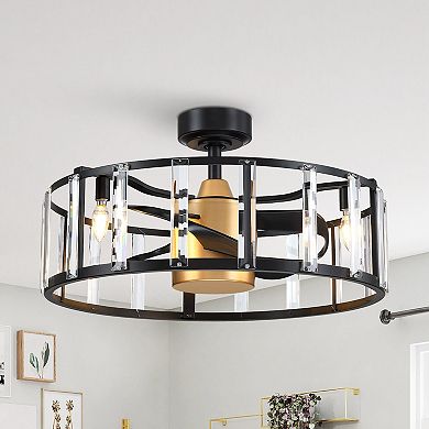 27" Modern Black ABS 3-Blade Crystal Caged Ceiling Fan Chandelier with Remote