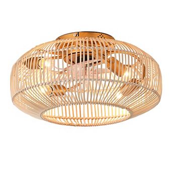 20 in Coastal Weave Rattan Gold Flush Mount Caged Ceiling Fan with Remote