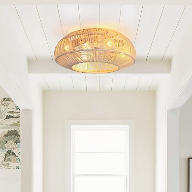 20-in Coastal Weave Rattan Gold Flush Mount Caged Ceiling Fan with Remote