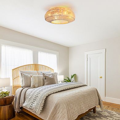 20-in Coastal Weave Rattan Gold Flush Mount Caged Ceiling Fan with Remote