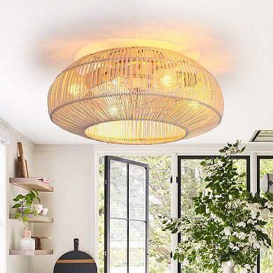 20-in Coastal Weave Rattan Gold Flush Mount Caged Ceiling Fan with Remote