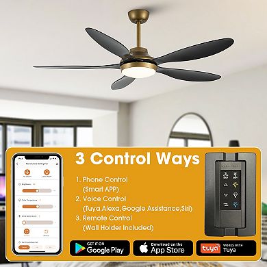 52" Antique Brass Smart Ceiling Fan with Light and Remote, App Control, Voice Control