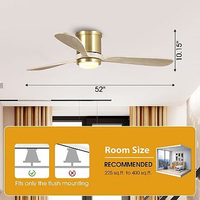 52" Gold Low Profile Smart Ceiling Fan with Light and Remote Control, App Control, Voice Control