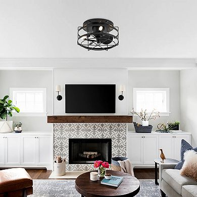 12.5" Black Small Metal Caged Low Profile Ceiling Fan with Light