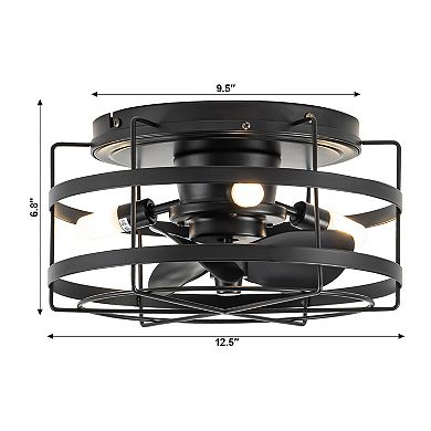 12.5" Black Small Metal Caged Low Profile Ceiling Fan with Light