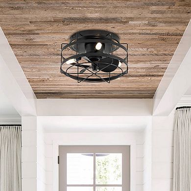 12.5" Black Small Metal Caged Low Profile Ceiling Fan with Light