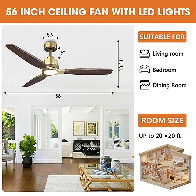 Parrot Uncle 56" Farmhouse Solid Wood Diammable LED Gold Ceiling Fan with Remote and Light