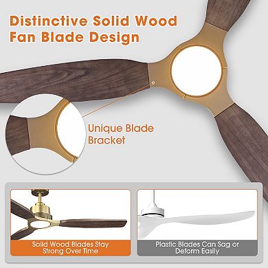 Parrot Uncle 56" Farmhouse Solid Wood Diammable LED Gold Ceiling Fan with Remote and Light