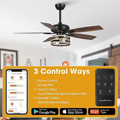 52" Driftwood Wooden Smart Ceiling Fan with Remote, App Control, Voice Control