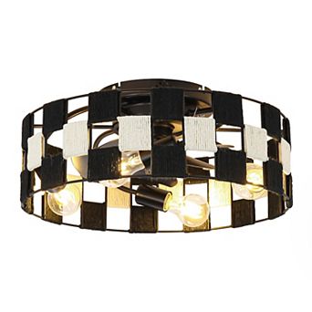 17.7" Black Hemp Rope Woven Caged Smart Fandelier Ceiling Fan with Remote and App