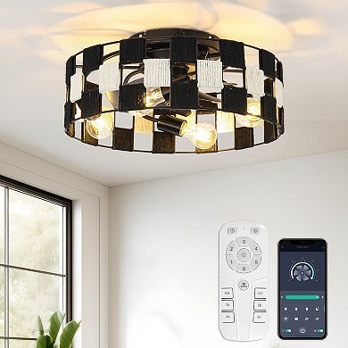 17.7" Black Hemp Rope Woven Caged Smart Fandelier Ceiling Fan with Remote and App