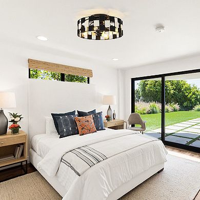 17.7" Black Hemp Rope Woven Caged Smart Fandelier Ceiling Fan with Remote and App