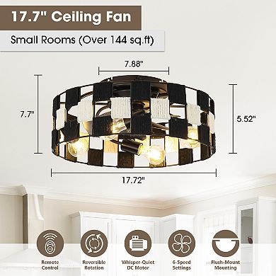 17.7" Black Hemp Rope Woven Caged Smart Fandelier Ceiling Fan with Remote and App