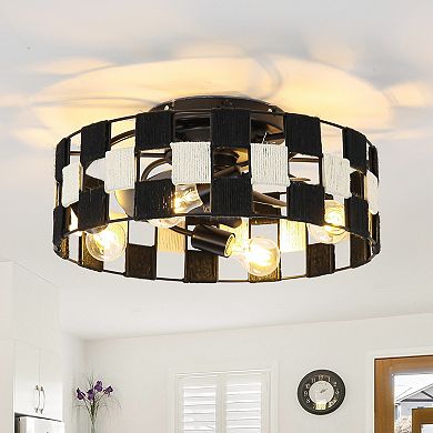 17.7" Black Hemp Rope Woven Caged Smart Fandelier Ceiling Fan with Remote and App