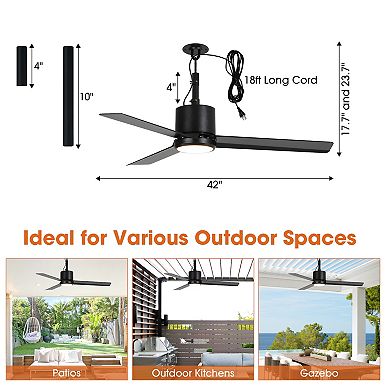 42" Modern Black Waterproof Wet Outdoor Gazebo Ceiling Fan with Light and Hook