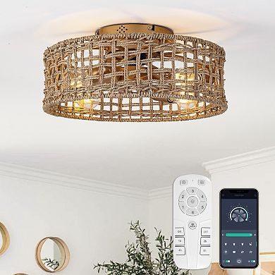 17.7" Natural Corn Straw Rope Gold Fandelier Flush Mount Ceiling Fan with Remote and App