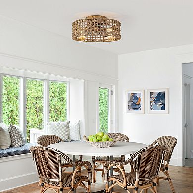 17.7" Natural Corn Straw Rope Gold Fandelier Flush Mount Ceiling Fan with Remote and App