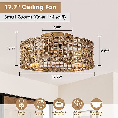 17.7" Natural Corn Straw Rope Gold Fandelier Flush Mount Ceiling Fan with Remote and App
