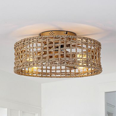 17.7" Natural Corn Straw Rope Gold Fandelier Flush Mount Ceiling Fan with Remote and App