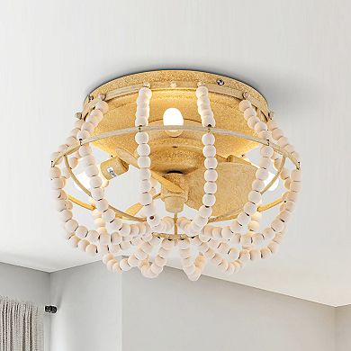 12.5" Farmhouse Wood Beads Small Ceiling Fan with Light and Remote