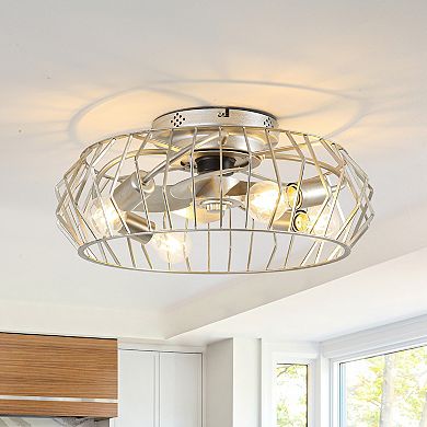 19.7" Vintage Silver Metal Caged Smart Fandelier Ceiling Fan with Remote and App Control