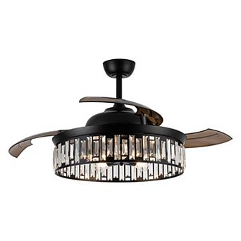 52" Black Crystal Retractable Smart Ceiling Fan with Light and Remote, App Control, Voice Control