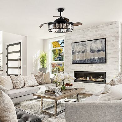 52" Black Crystal Retractable Smart Ceiling Fan with Light and Remote, App Control, Voice Control