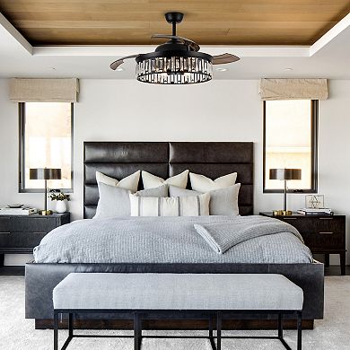 52" Black Crystal Retractable Smart Ceiling Fan with Light and Remote, App Control, Voice Control