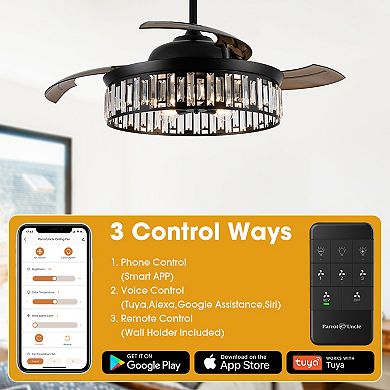 52" Black Crystal Retractable Smart Ceiling Fan with Light and Remote, App Control, Voice Control