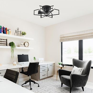 21" Modern Black Unique Low Profile Caged Ceiling Fan with Light and Remote