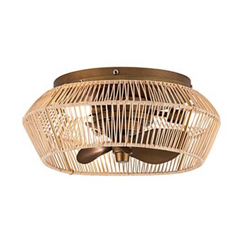 Parrot Uncle 13.5" Coastal Rattan Brushed Bronze Cage Flush Mount Ceiling Fan with Lights