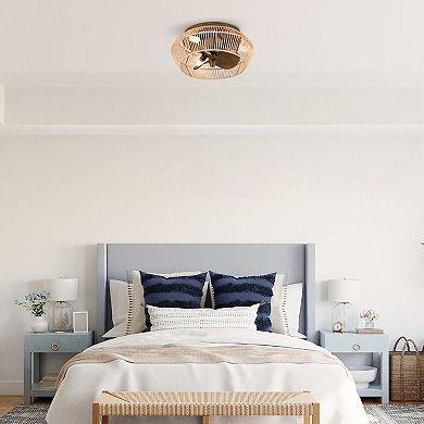 Parrot Uncle 13.5" Coastal Rattan Brushed Bronze Cage Flush Mount Ceiling Fan with Lights
