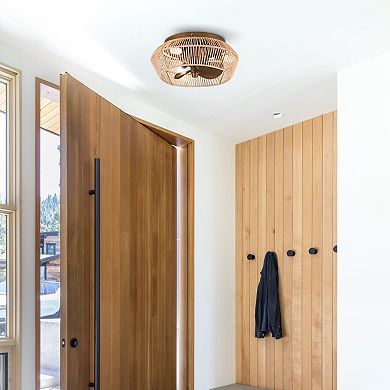 Parrot Uncle 13.5" Coastal Rattan Brushed Bronze Cage Flush Mount Ceiling Fan with Lights