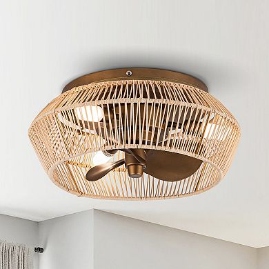 Parrot Uncle 13.5" Coastal Rattan Brushed Bronze Cage Flush Mount Ceiling Fan with Lights