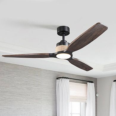 Parrot Uncle 56" Transition Black Solid Wood Jute Dimmable LED Ceiling Fan with Light and Remote