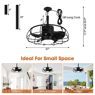 20" Industrial Black Indoor/Outdoor Chandelier Caged Ceiling Fan with Light and Remote
