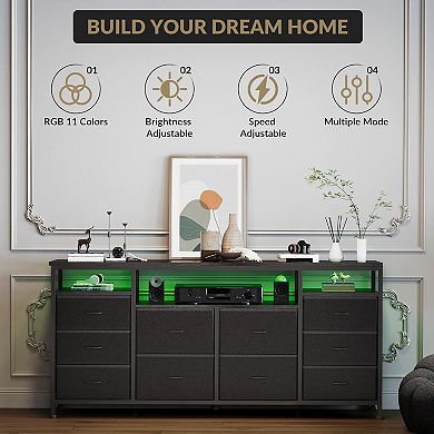 63" 10-Drawer Dresser TV Stand with LED Lights for 65-75" TVs