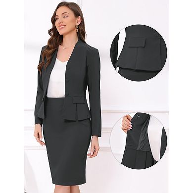 Women's Business 2 Piece Suit Set Long Sleeve Collarless Peplum Blazer Pencil Skirts