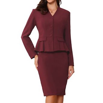 Women's Business 2 pc Suit Set Long Sleeve Collarless Peplum Blazer Pencil Skirts