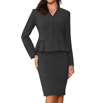 Women's Business 2 pc Suit Set Long Sleeve Collarless Peplum Blazer Pencil Skirts
