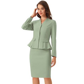 Women's Business 2 pc Suit Set Long Sleeve Collarless Peplum Blazer Pencil Skirts